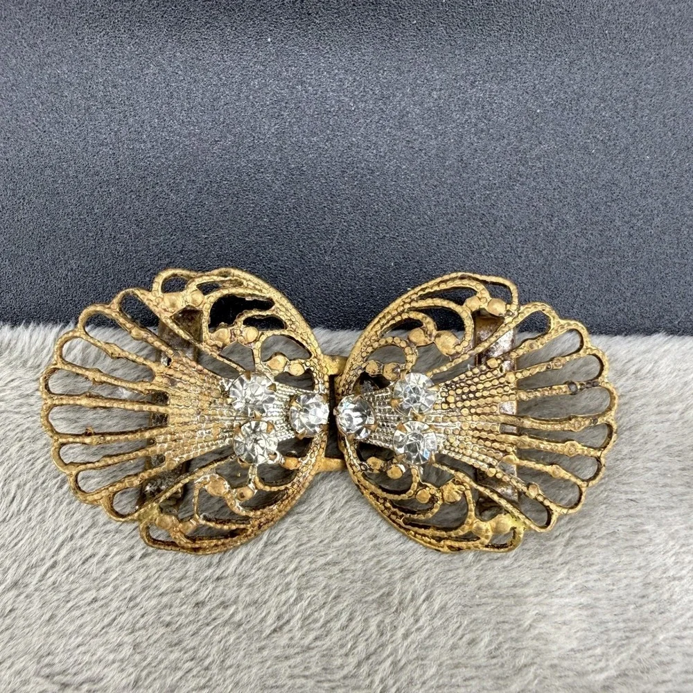 Vintage Victorian Buckle Scallop Shell Gold Tone Paste Rhinestone Art Deco READ‎